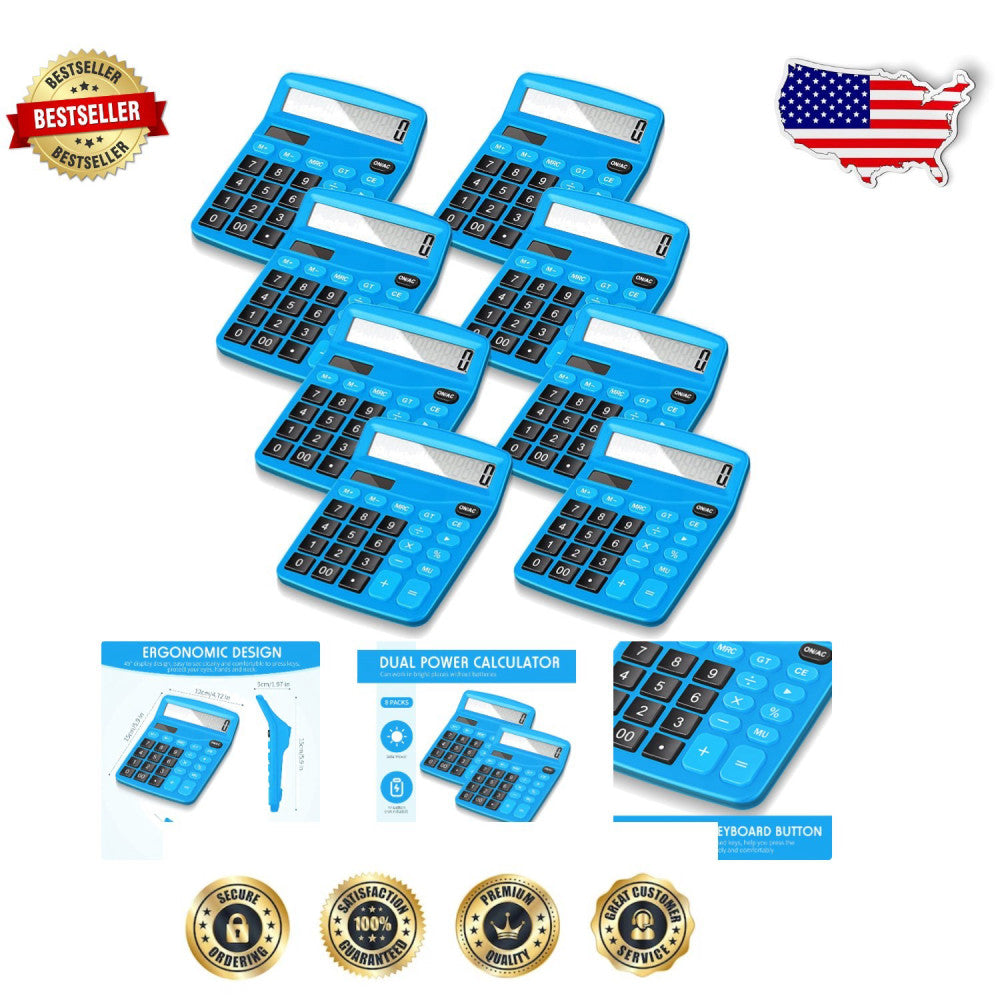 Portable Set of 8 12-Digit Solar Calculators with Easy Readability for Everyone