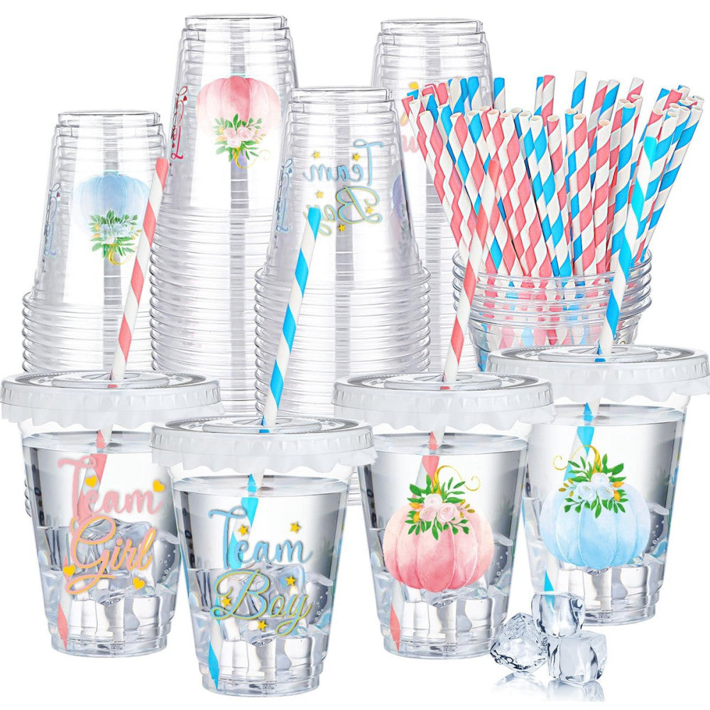 50 Set Pumpkin Gender Reveal Decorations 12 oz Team Boy Team Girl Cups with L...