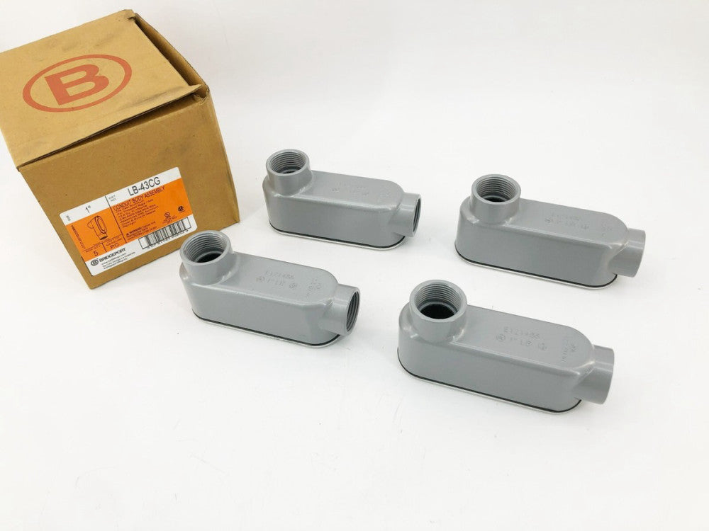 Lot of 4 New Bridgeport LB-43CG 1" Cast Aluminum LB Conduit Bodies