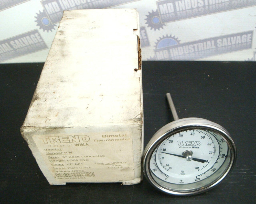 (NEW) - WIKA GAUGE 3" Dia. 30040A005G4 4" Stem 1/2" NPT Rear 0-200 F / -15-90 C