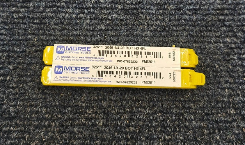 ( QTY 2 ) Morse 32611: 1/4"-28 NF 4 Flute HSS Straight Flute Hand Tap Bottoming