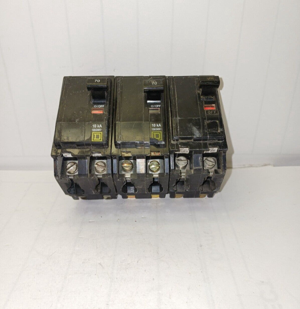 3) SQUARE D 70 AMP CIRCUIT BREAKER 2 POLE 120/240 VAC 10 KA QO270  LOT OF 3