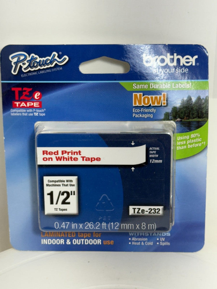 Brother P-Touch Labeler TZe Tape TZe-232 Red Print on White Tape 1/2" 12mm
