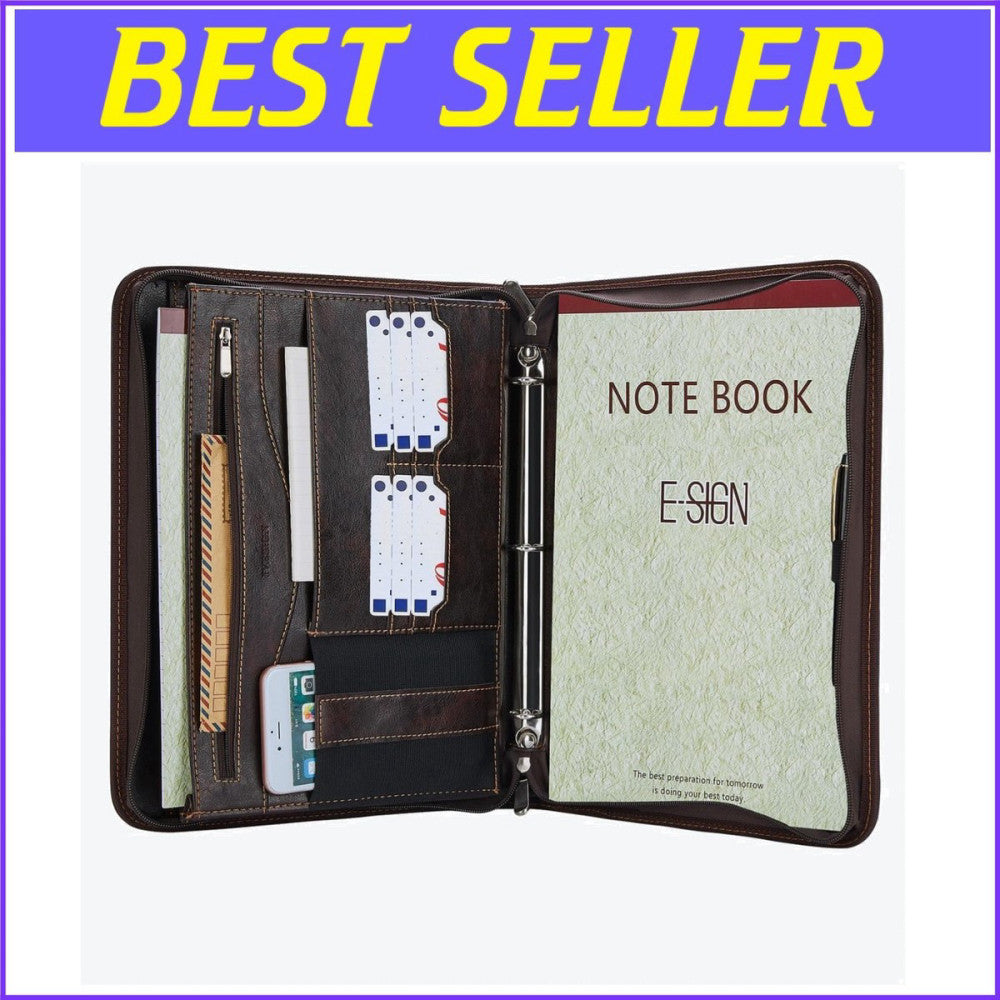 Left-Handed Faux Leather Padfolio with 3-Ring Binder & 14 Pockets - Dark Brown