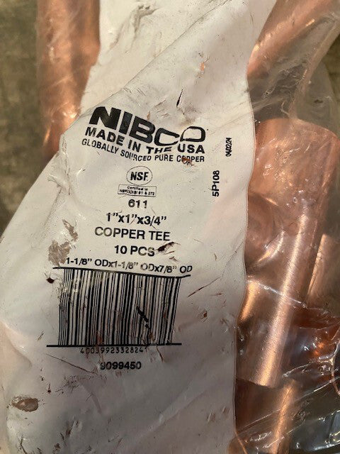 (10 PACK) Nibco 9099450 Copper Tee 1 x 1 x 3/4 Inch 611