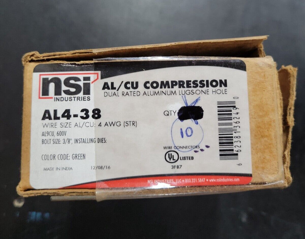 BOX OF 10- NSI AL4-38 AL/CU CMP Lug 4 AWG BOLT SIZE 3/8 NEW OLD STOCK