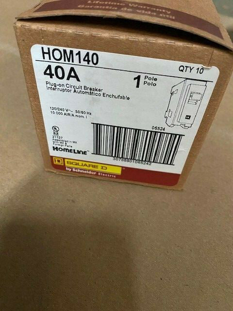 (Box of 10) Square D HOM 40A Plug-On Circuit Breakers HOM140 1 Pole (NEW)