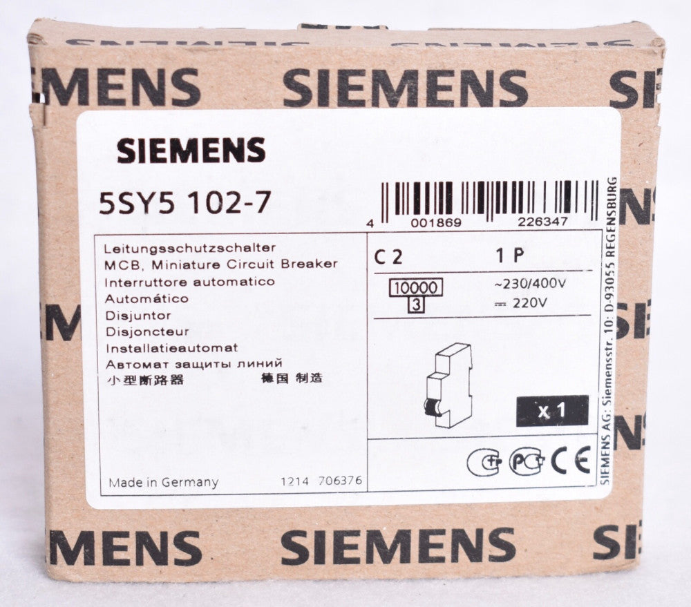 Siemens 2A 1 Pole 230/400VAC Circuit Breaker  5SY5 102-7