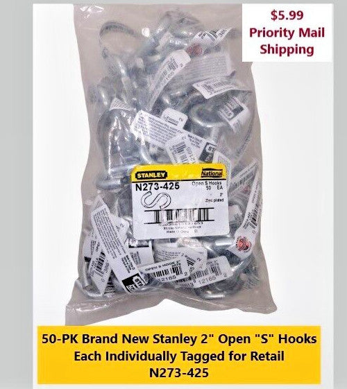 Brand New 50-Pk Stanley Nat'l Hardware N273-425 Zinc-Plated Heavy Open S-Hook 2"