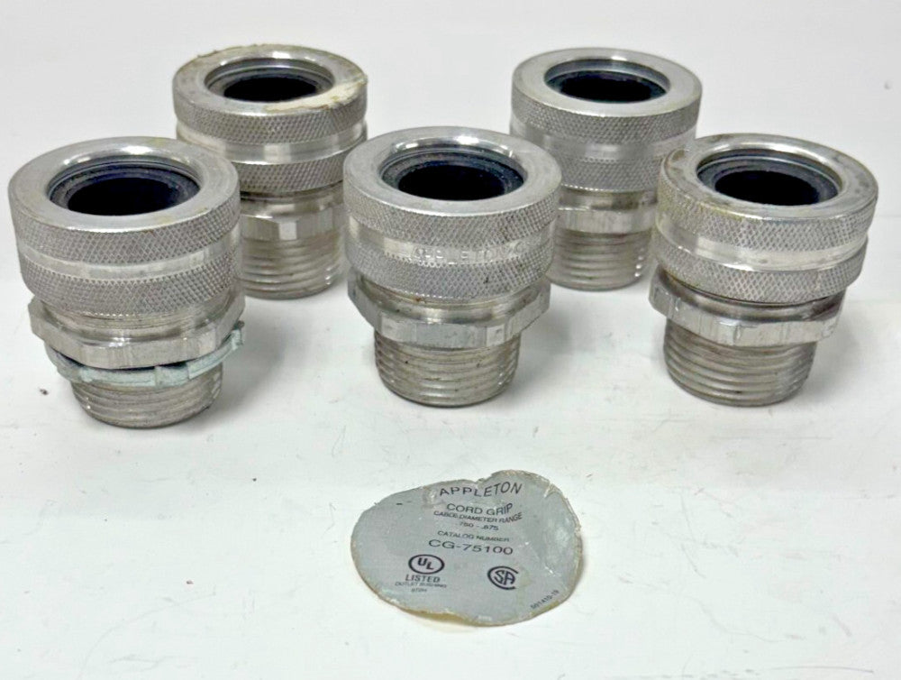 APPLETON STRAIGHT CORD CONNECTORS LOT OF 5 CORD GRIP THREAD SIZE 1" CG-75100