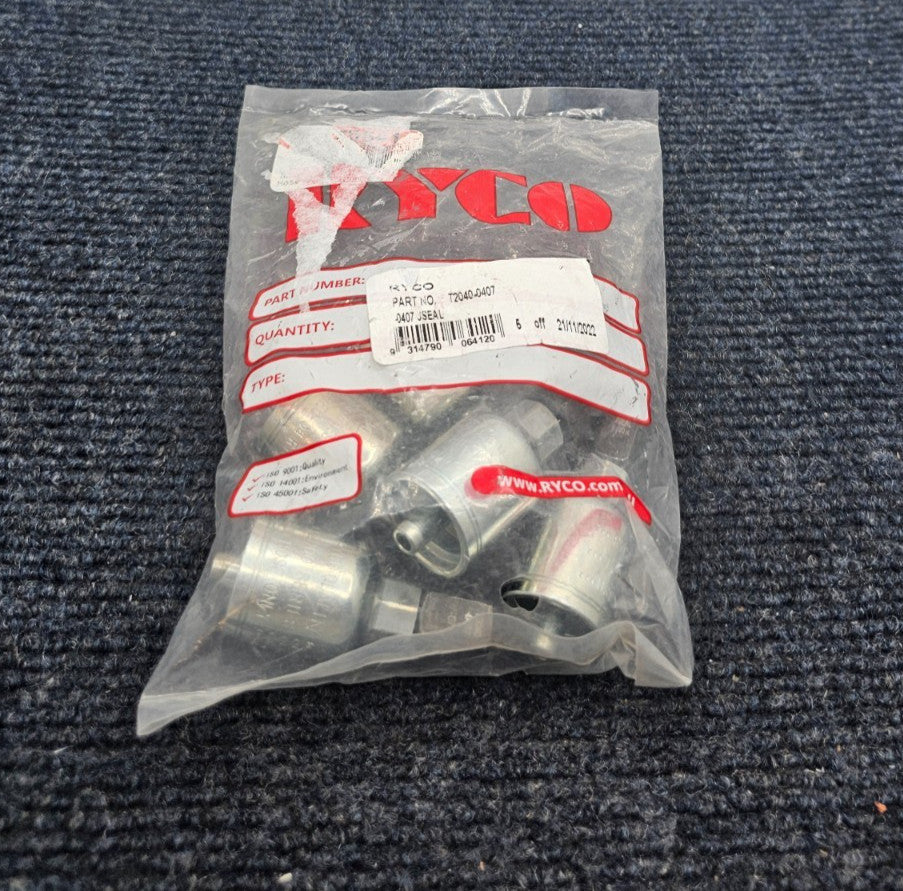 (QTY 5) Ryco T2040-0407: Hose Fitting Female 1/4" JIC 37°