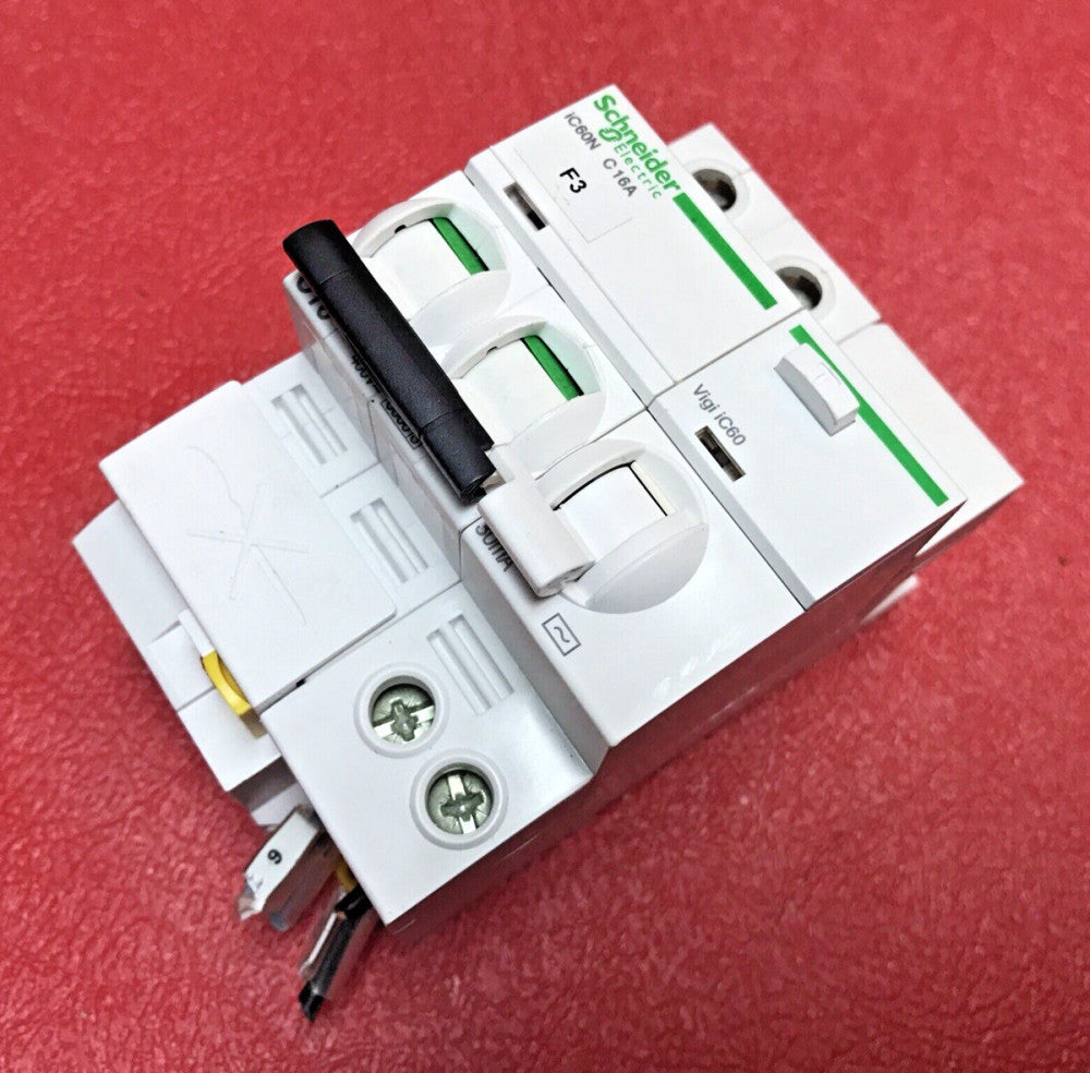 Schneider A9F77216 iC60N C16A Circuit Breaker w/ A9Q11225 Vigi iC60 add-on Block