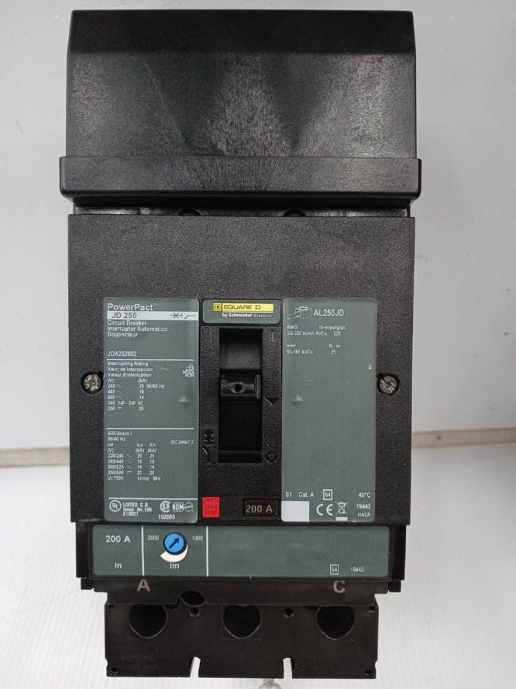 Square D PowerPact 200 Amp I-Line Circuit Breaker 2 Pole 600 VAC 18kA JDA262002
