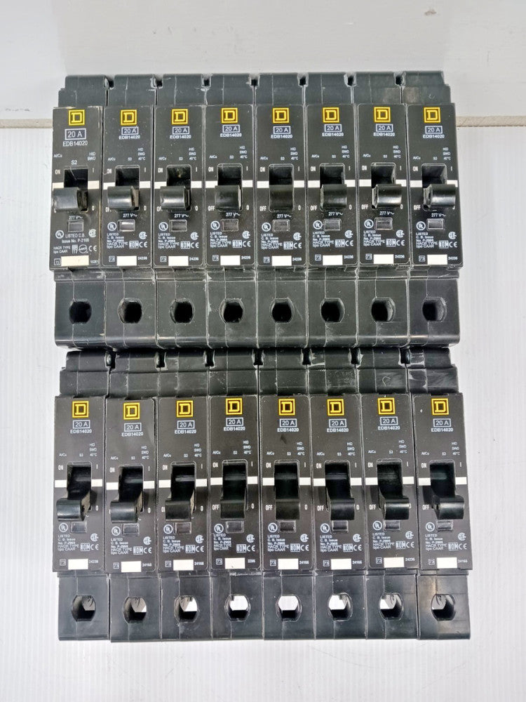 Lot Of 16) Square D 20 Amp Bolt-On Circuit Breaker 1 Pole 277 VAC 18kA EDB14020