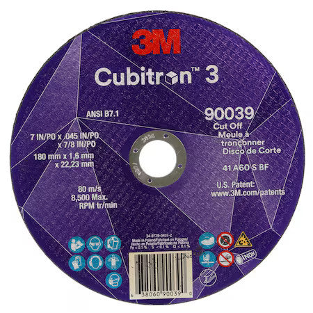 3M Cubitron 90039 Abrasive Cut-Off Wheel, Type 27, 7 In Dia, 0.09 In Thick, 7/8