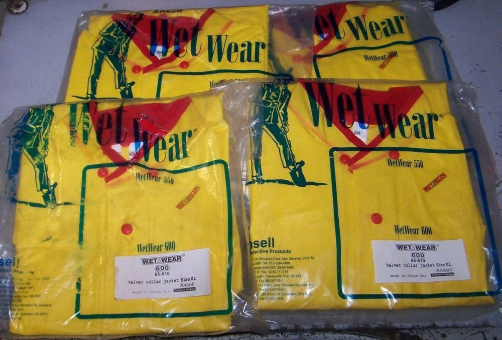 (4) NEW ANSELL XL WET WEAR JACKET VELVET COLLAR PVC HEAVY DUTY UNLINED 65-610