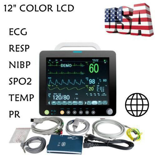 12'' ICU CCU Portable Patient Monitor Vital Signs SpO2 PR NIBP ECG RESP TEMP USA
