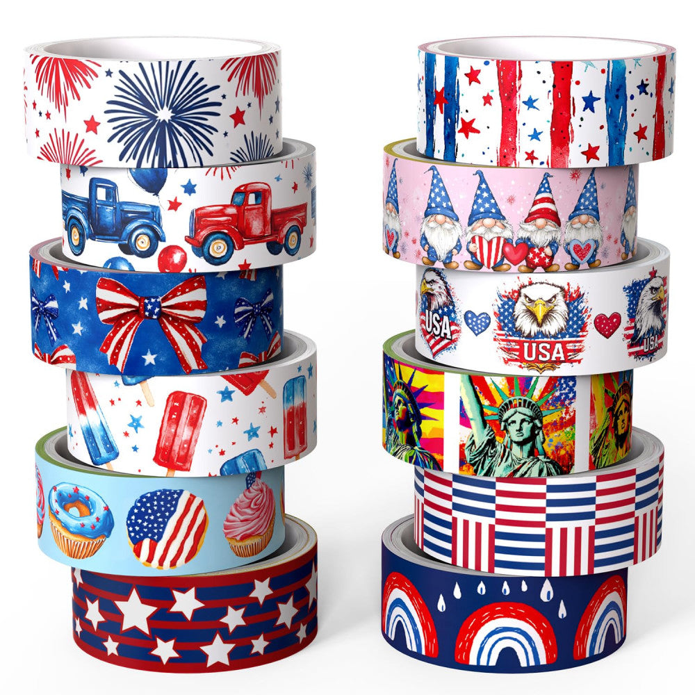 12 Rolls Independence Day Washi Tape Set, Patriotic Stars Stripes USA Flag De...