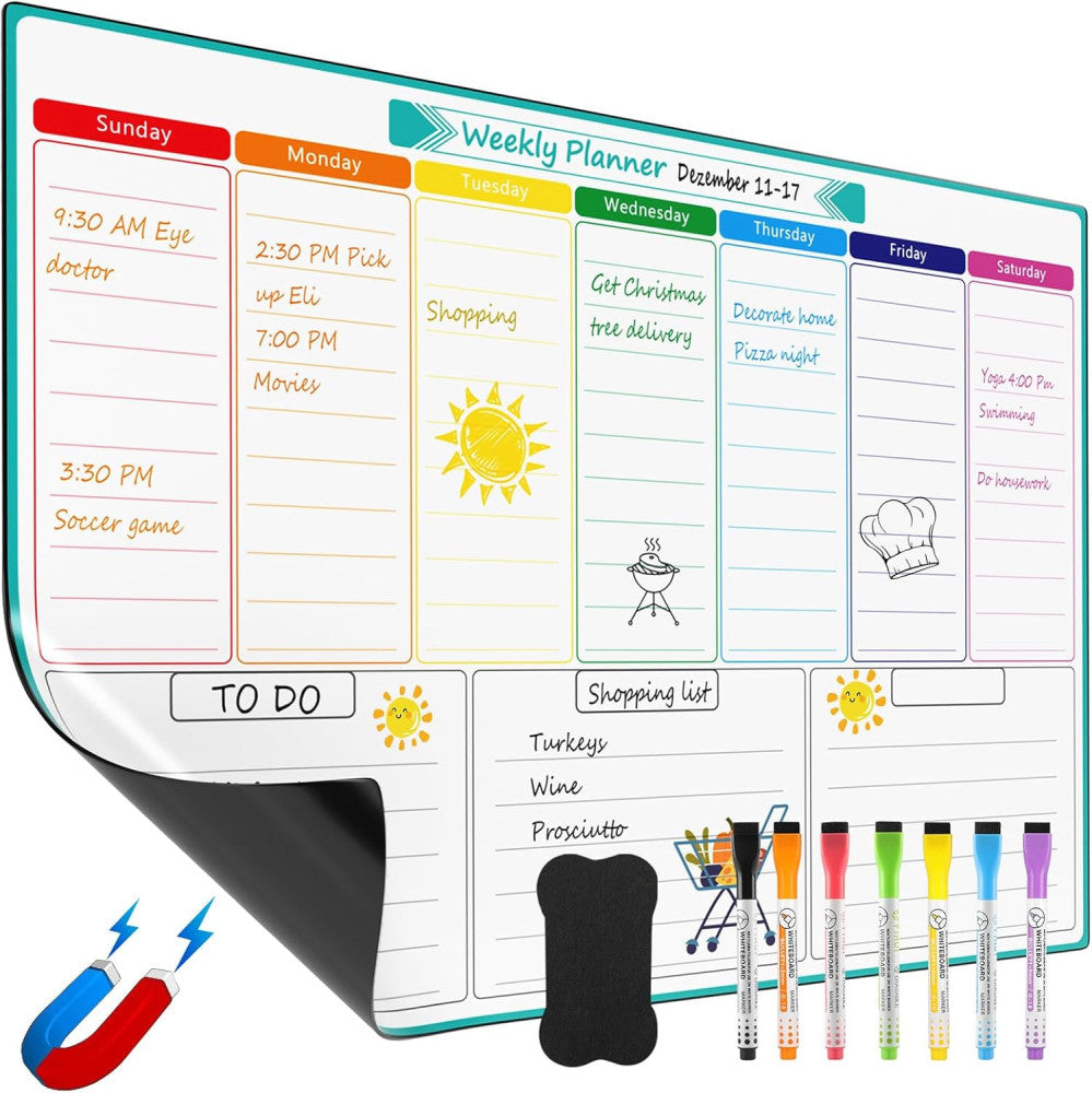 Maxgear Weekly Dry Erase Board for Fridge, Magnetic Calendar Whiteboard 