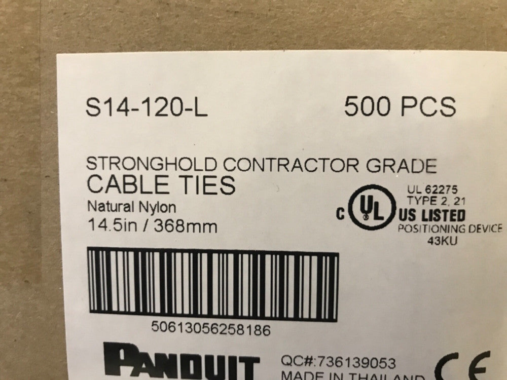 PANDUIT S14-120-L Cable Tie,14.49" L, Nylon, White, PK 500 CONTRACTOR GRADE