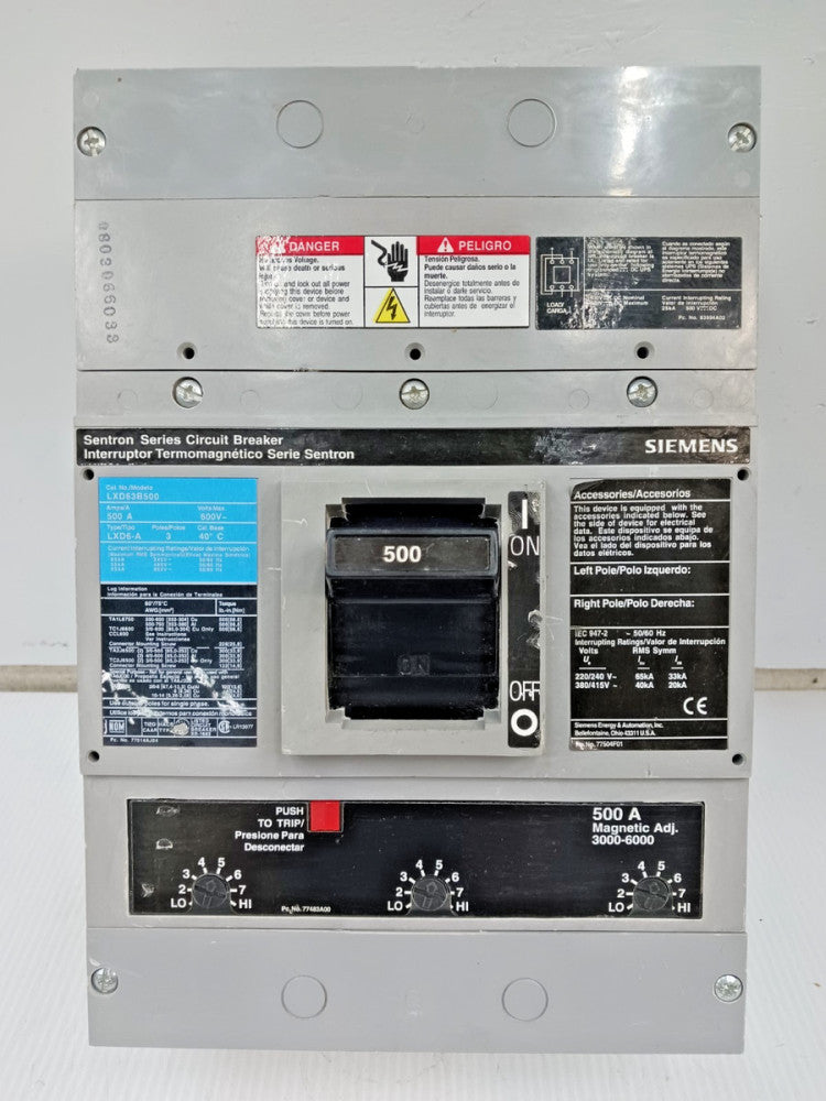 Siemens Sentron 500 Amp Circuit Breaker 3 Pole 600 VAC 35kA LXD63B500