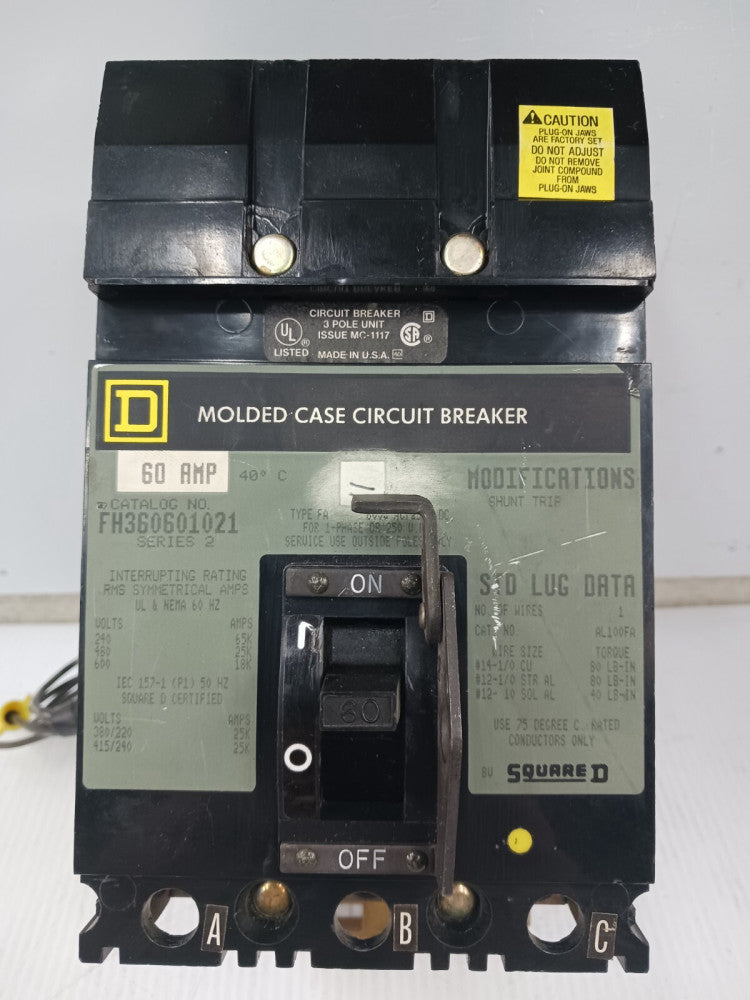Square D 60 Amp I-Line Circuit Breaker 3 Pole 600 VAC FH360601021 w/ Shunt Trip