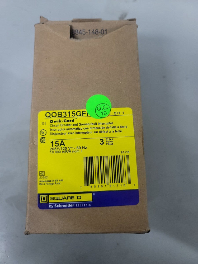 NEW Square D QOB315GFI Bolt On  Breaker 15A 3P 208Y/120V QOB Ground Fault