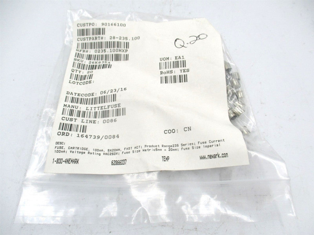 Littelfuse (0235.100HXP) 100 mA 250 V AC DC Glass Fuse Cartridge - Pack of 20 