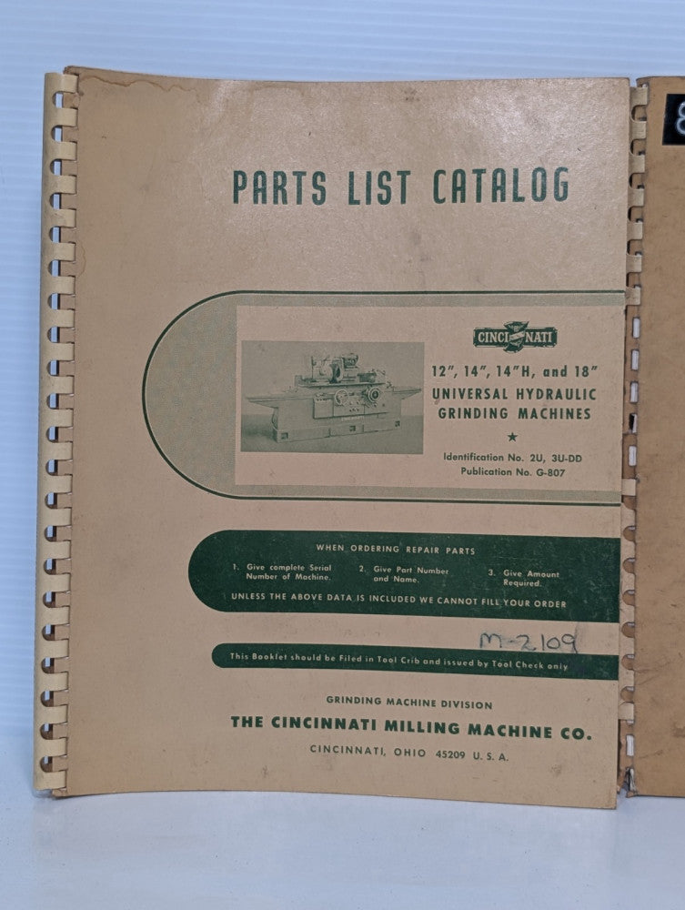 Cincinnati Milling Machine Company G-807 Hydraulic Grinders Parts List Catalog