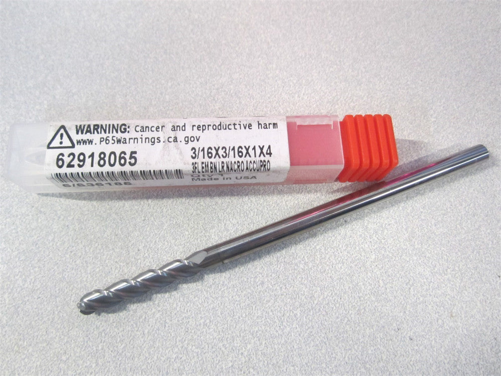 (12179202) 3/16" x 1" x 3/16" x 4" OAL Solid Carbide 3Fl RH Ball End Mill 