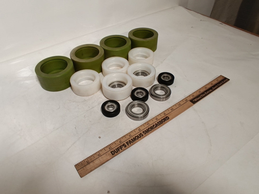 Lot of 15 Polyurethane Rollers (5 x 3.125" D 1.25" W; 4 x 4" D 2" W) & Bearings