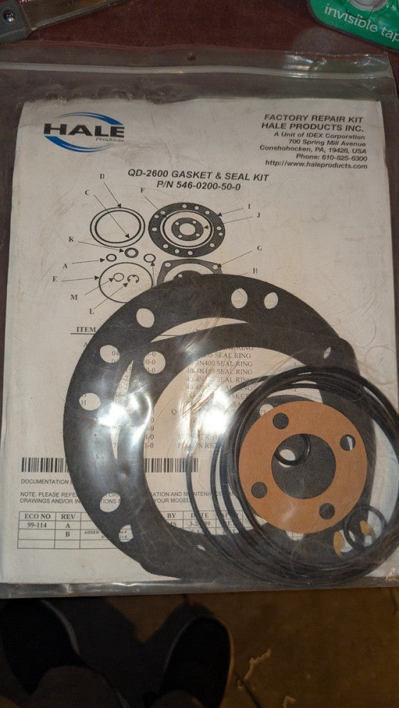 (1) Hale QD-2600 Relief Valve Rebuild Kit 546-0200-50-0 NIB