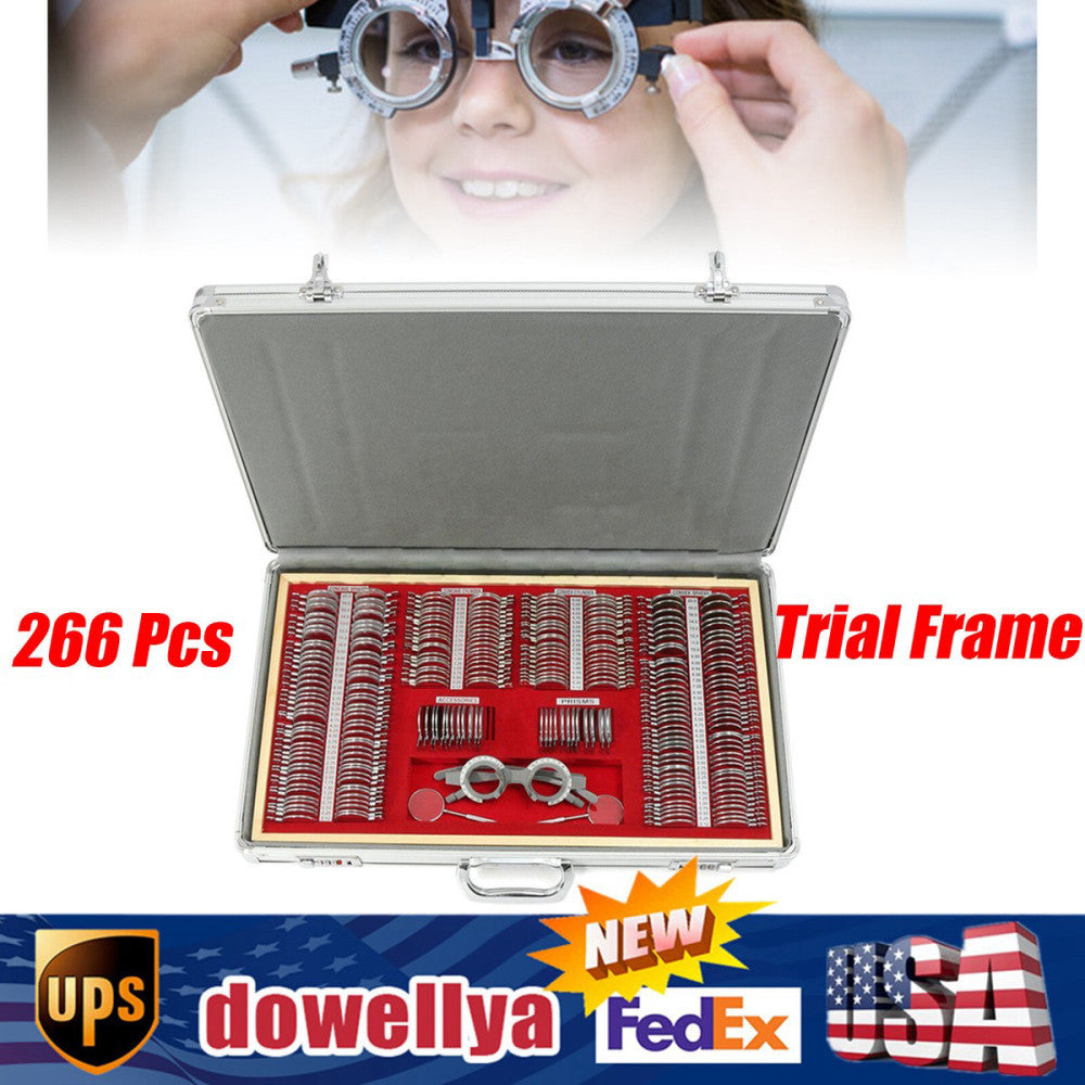 266Pcs Optical Trial Lens Set Optometry Kit Metal Rim Aluminum Box Trial Frame