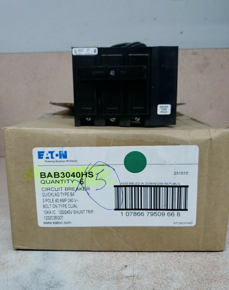 1) New! Eaton BAB3040HS Bolt-On Circuit Breaker 40A 240V 3P Shunt Trip