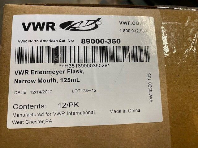 VWR 125mL Erlenmeyer Flask Narrow Mouth 89000-360 Box of 12