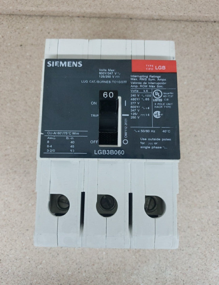Siemens LGB3B060 60 Amp 3 pole 600V Bolt On 65kA@480v Circuit Breaker NTO