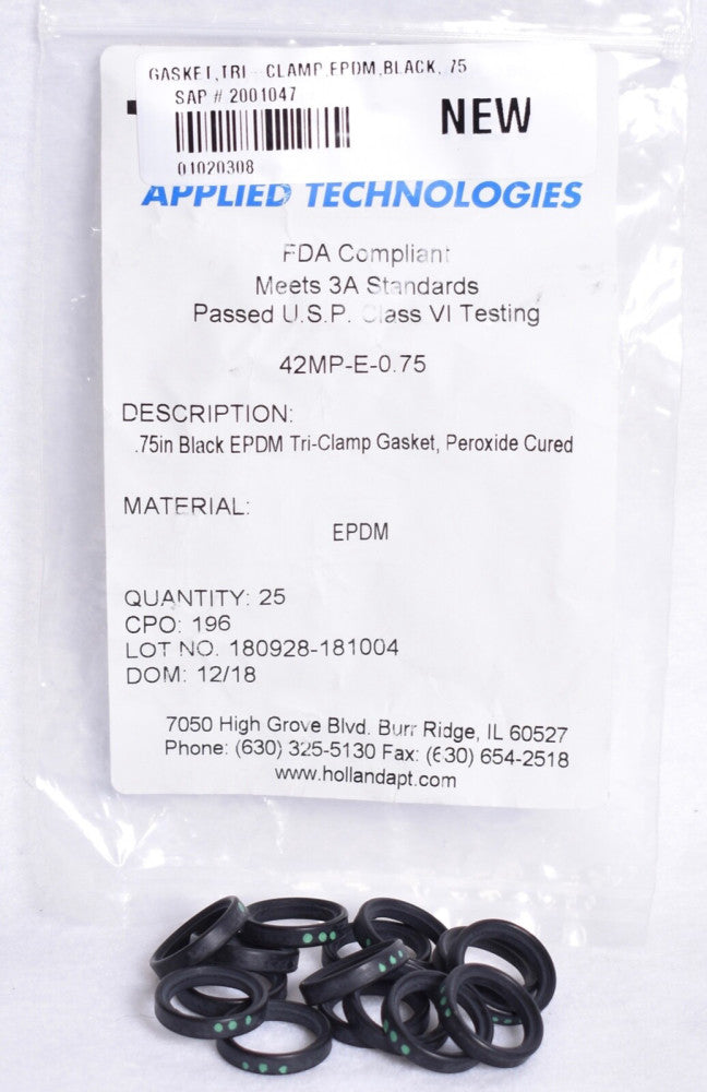 15 Count Holland Tech Black Mini Tri-Clamp Gaskets 3/4"  PTFE   42MP-E-0.75