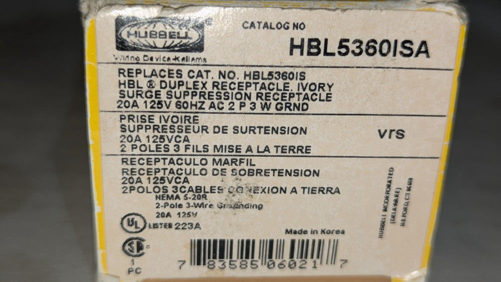 Hubble HBL5360ISA Surge Suppressing Duplex Ivory Receptacle 20A 125VAC NIB