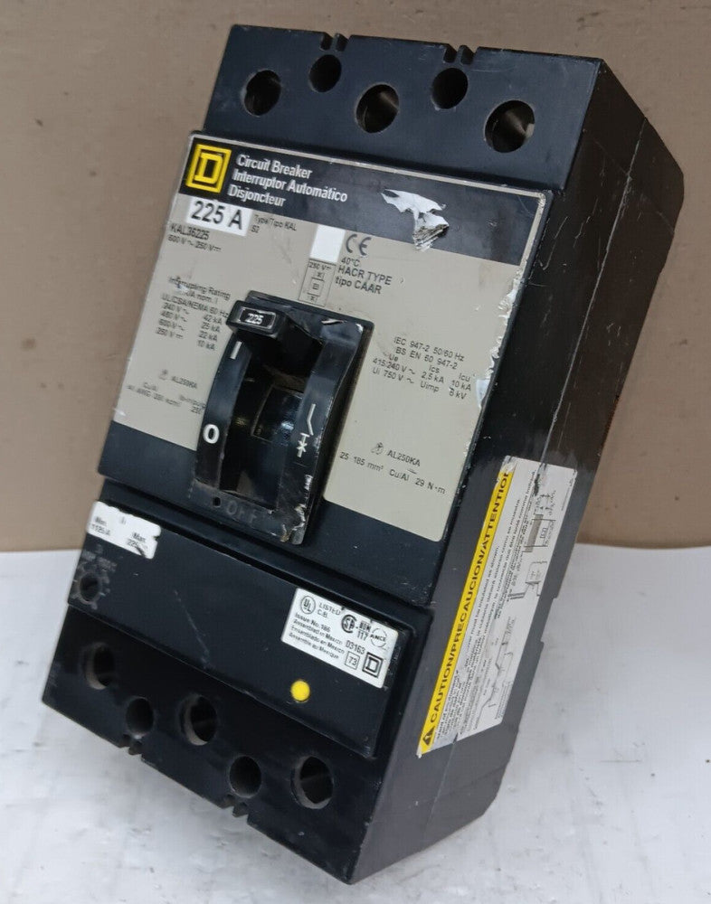 SQUARE D 225 AMP CIRCUIT BREAKER 3 POLE 600 VAC / 250 VDC KAL36225