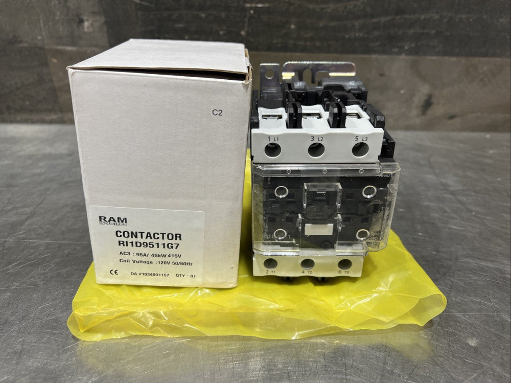 RAM INDUSTRIES RI1D9511G7 CONTACTOR 95A 120V AC COIL REPLACES LC1D9511G7. NOS