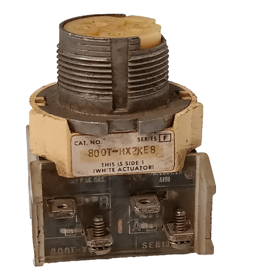 Allen-Bradley 800T-HX2KE8 Series F switch with 800T-XA contact block, as shown