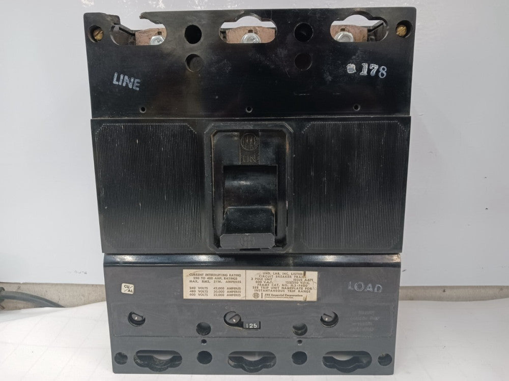 SIEMENS 400 AMP CIRCUIT BREAKER 3 POLE 600 VAC JL3-F400 W/ 125 AMP TRIP