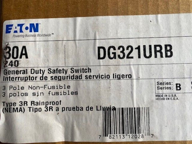 Eaton Cutler Hammer DG321URB Disconnect Safety Switch 30A 240V 3 Pole Nema 3R