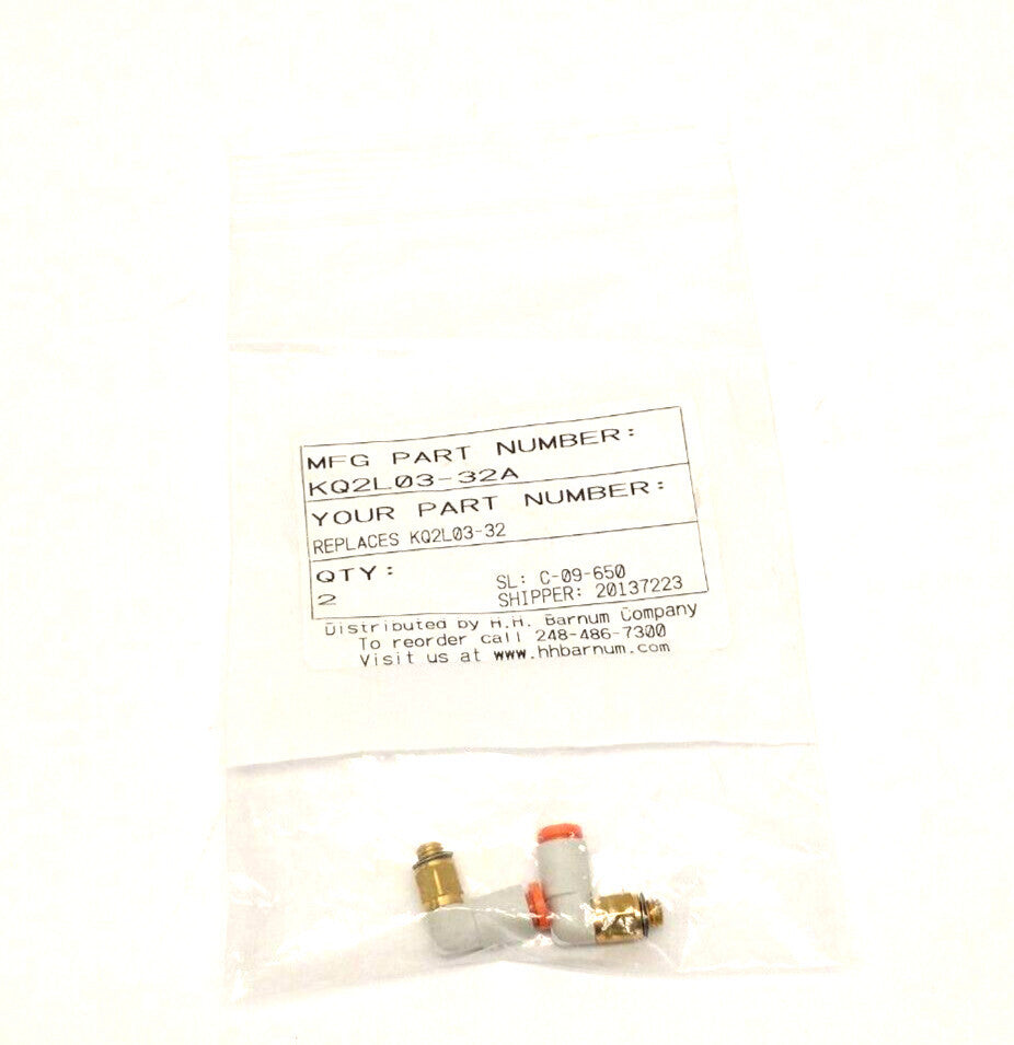 SMC KQ2L03-32A Male Elbow Pneumatic Fitting 5/32" Tube Dia. 10-32 Thread 2 PACK