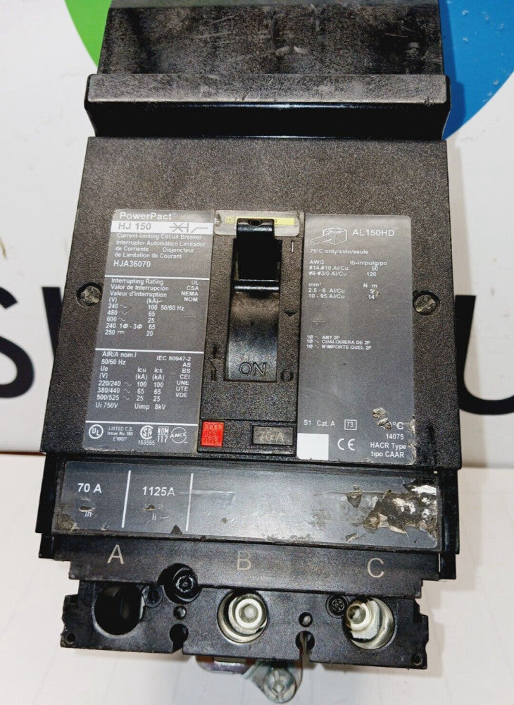 SQUARE D HJA36070 70 AMP I-LINE CIRCUIT BREAKER 3 POLE 600 VAC 250 VDC 20-100KA