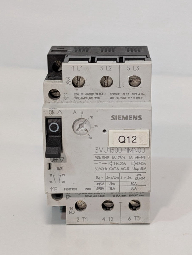 Siemens 3VU1300-1MN00 Starter Protector Circuit Breaker, 14-20A, 3 Pole, 600v