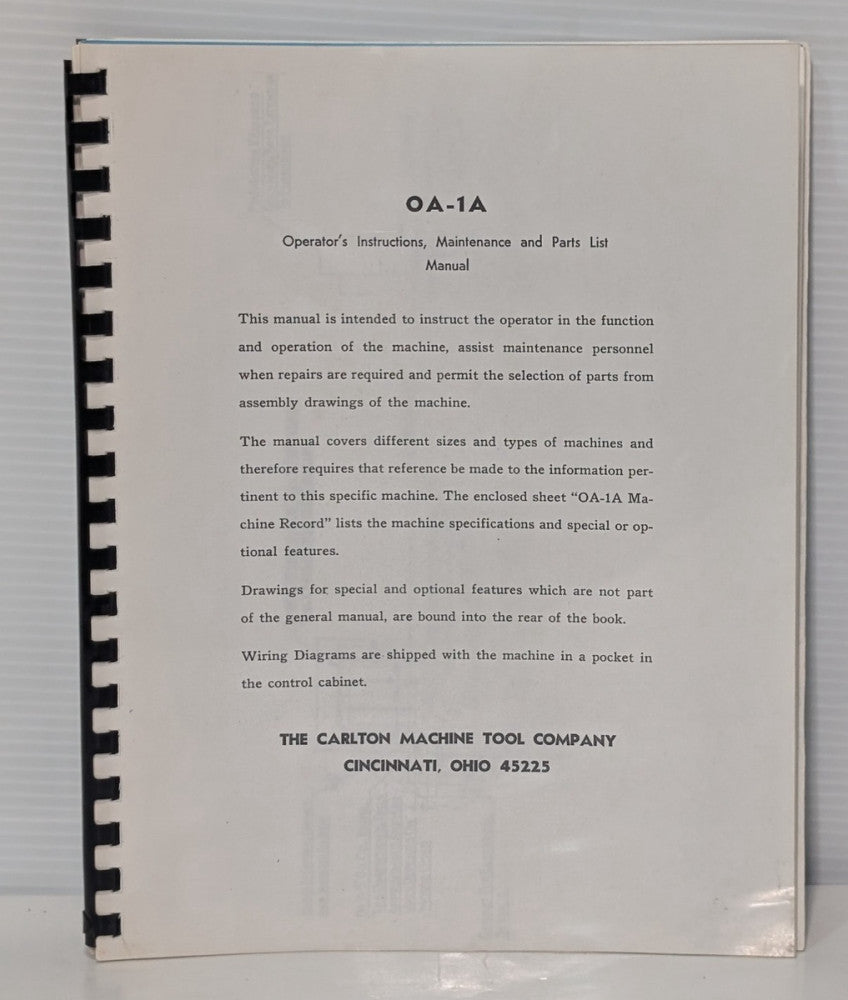 Carlton Machine Tool OA-1A Operator Instructions, Maintenance, Parts List Manual
