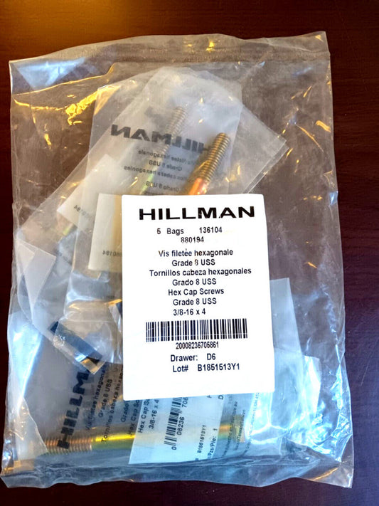 (5 PC LOT) NEW HILLMAN 880194 HEX CAP SCREWS 3/8-16 X 4 *FREE SHIPPING*