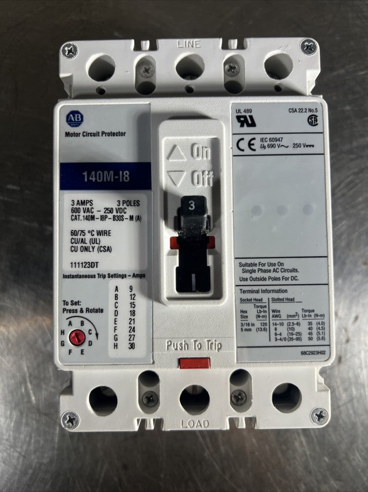 Nos Surplus ALLEN-BRADLEY MOTOR CIRCUIT PROTECTOR 140M-I8P-B30S-M BREAKER