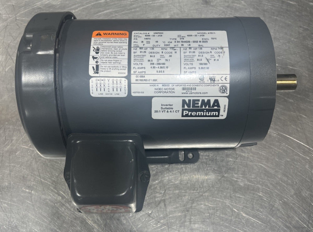 US MOTORS U32P2DC MOTOR 1-1/2HP 1755RPM 3PH BORE: 7/8IN Nos Surplus No Box